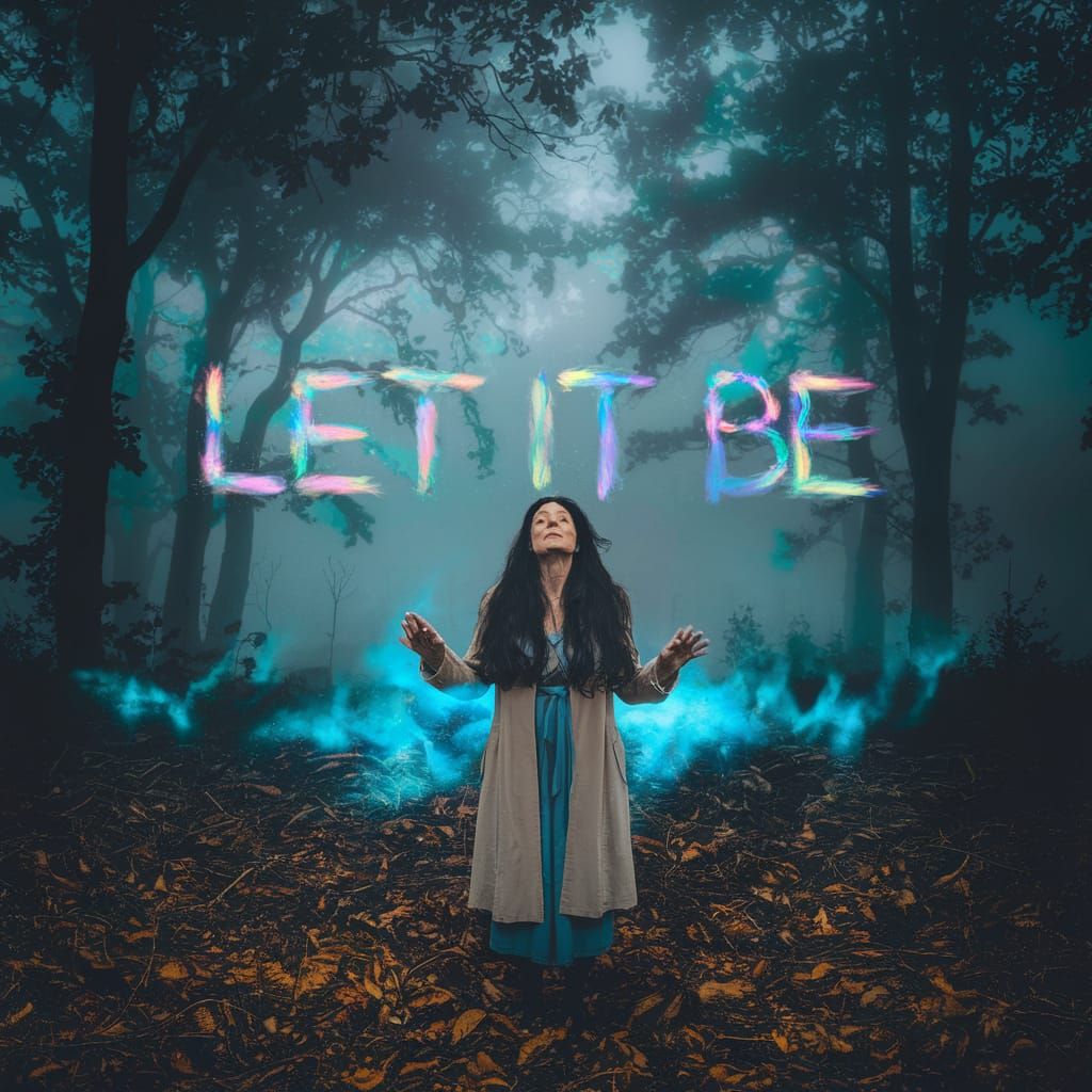 Bioluminescent Forest Scene with Woman in Beige Coat