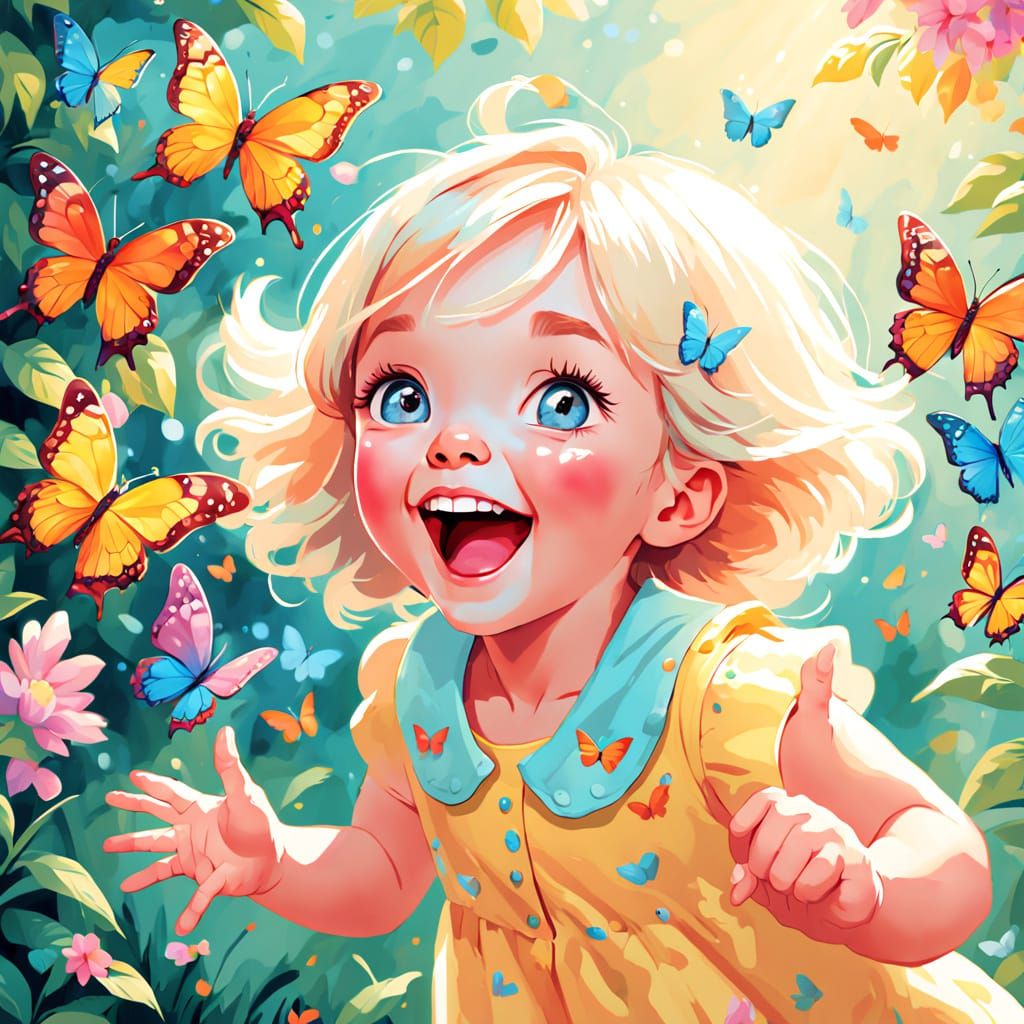 Child's Joyful Laugh Reaching for Butterfly in Pop Art Paste...
