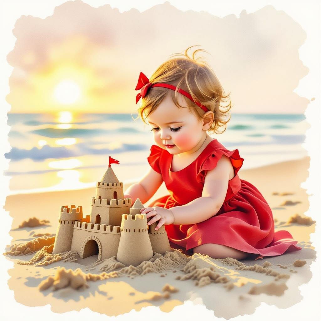 Baby Girl Builds Sandcastle on Beach in Golden Hour Light