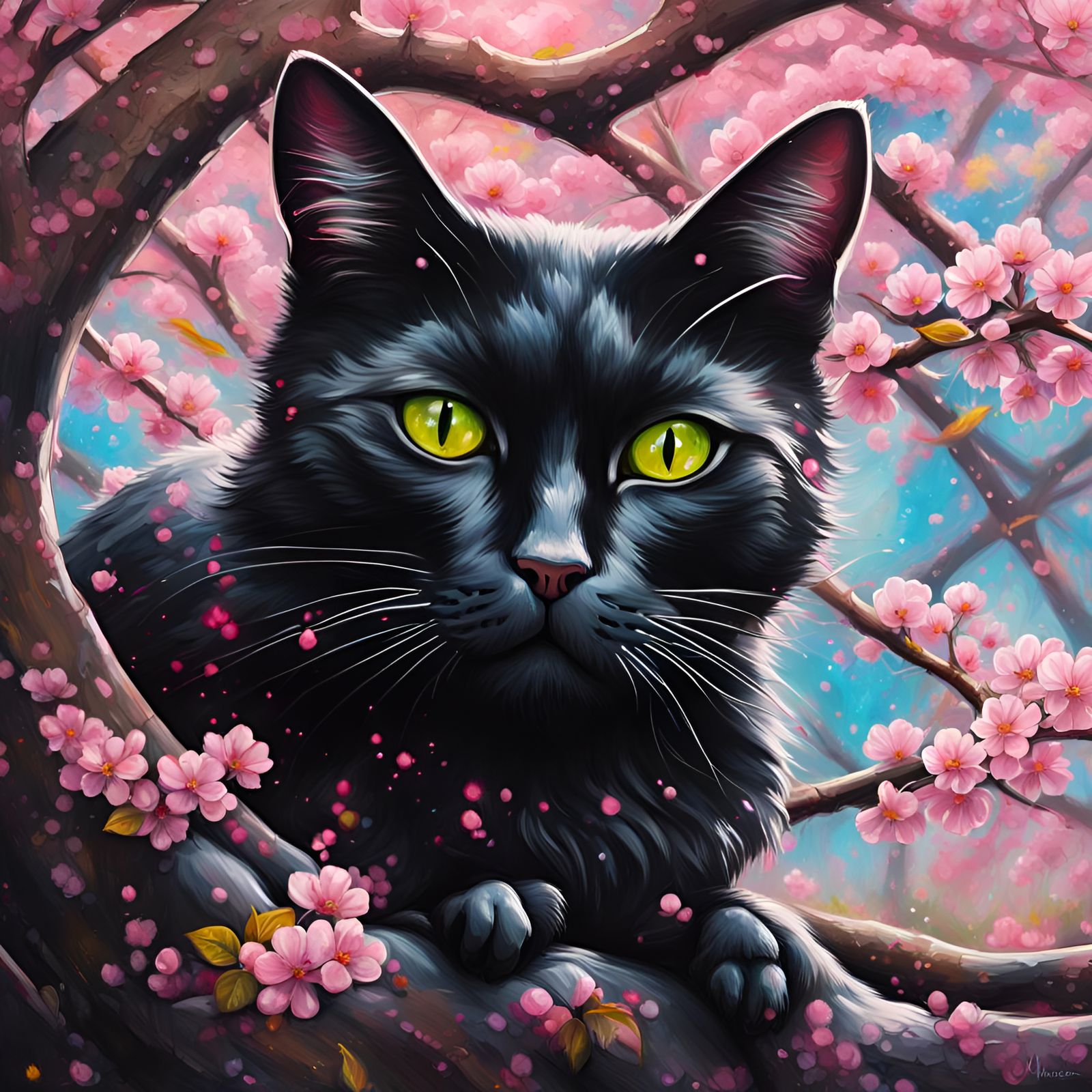A black cat sitting in a cherry blossom grove.