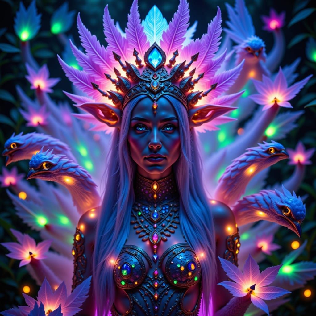 Amazing detailed photorealistic kaleidoscopic blacklight UV light portrait beautiful shaman surrounded by exotic birds bioluminescence, drea...
