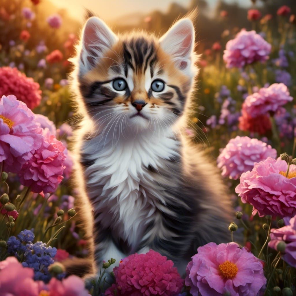 <lora:realistic animals:1.0> Hyper realistic and ultra detailed photograph of a beautiful kitten with a very detailed coat, in a flowery and...