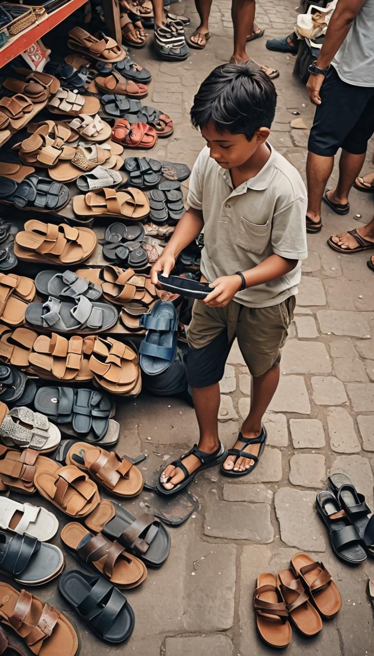 Boy buying sandals at a street shop