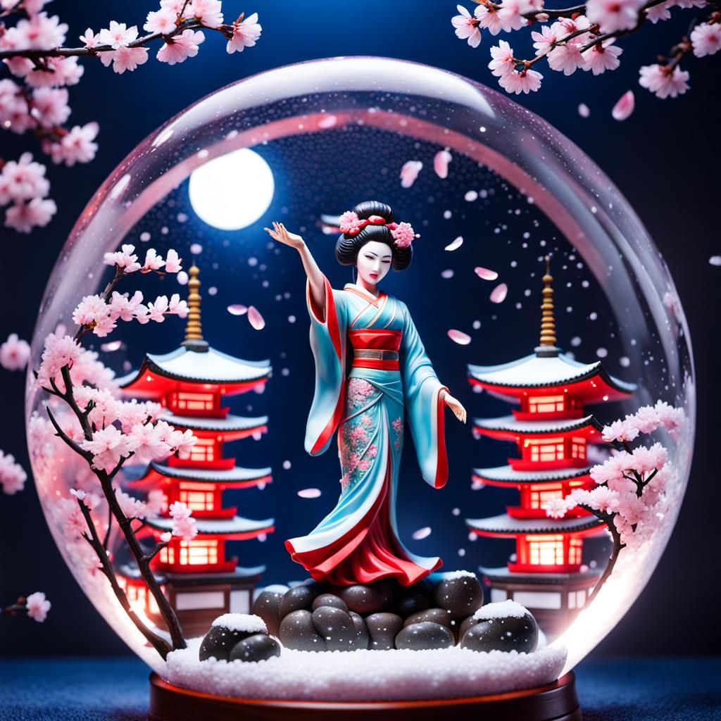 A Japanese snow globe featuring a geisha girl with her arms in the air as the blossom snow rains down