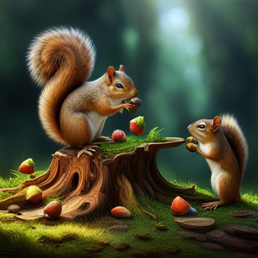 squirrels eating acorns on a tree stump, hyperdetailed, intricately ...