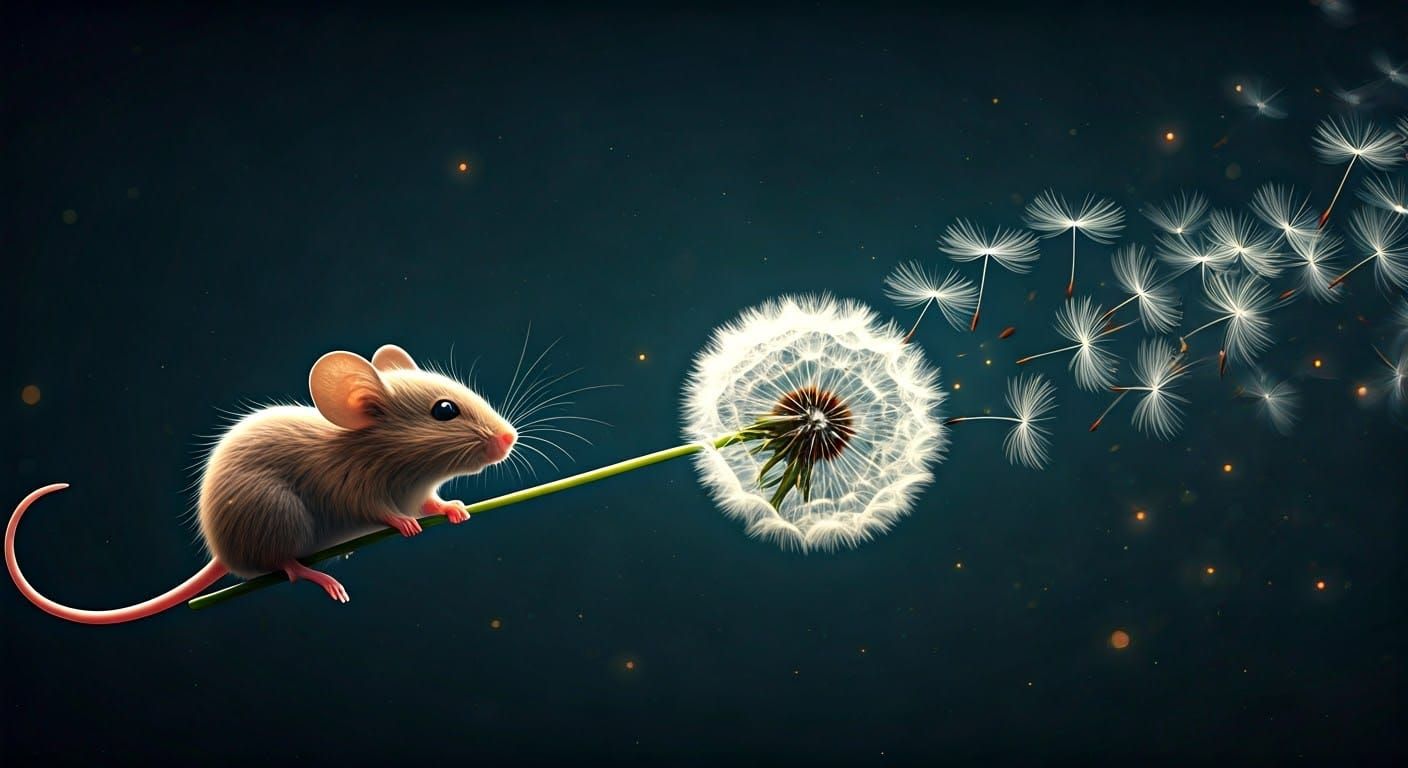 A hyper-realistic digital close up artwork of an adorable fluffy mouse blowing a dandelion flower into ...  by @Summerchild
