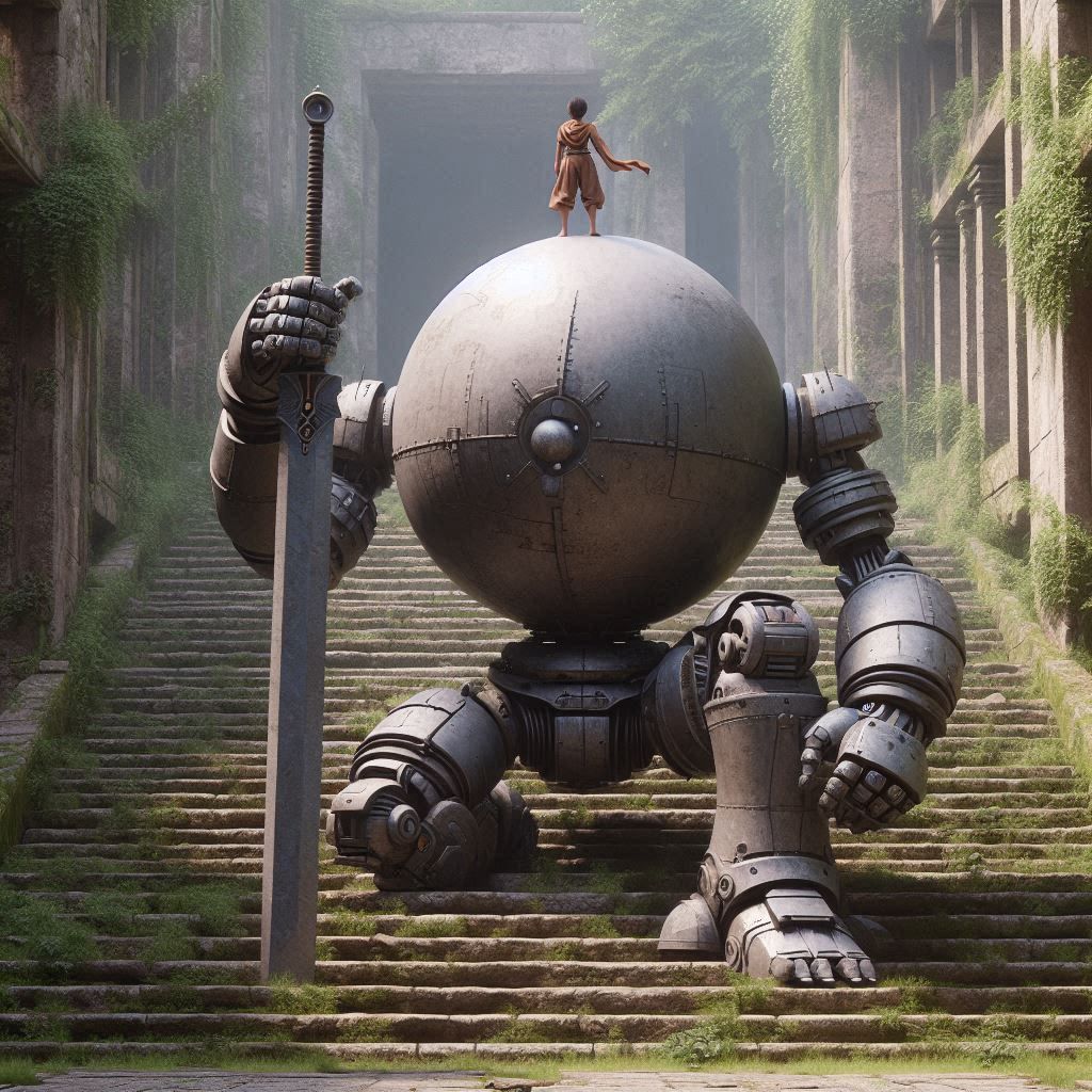 Distant human Standing on Mech guardian in temple