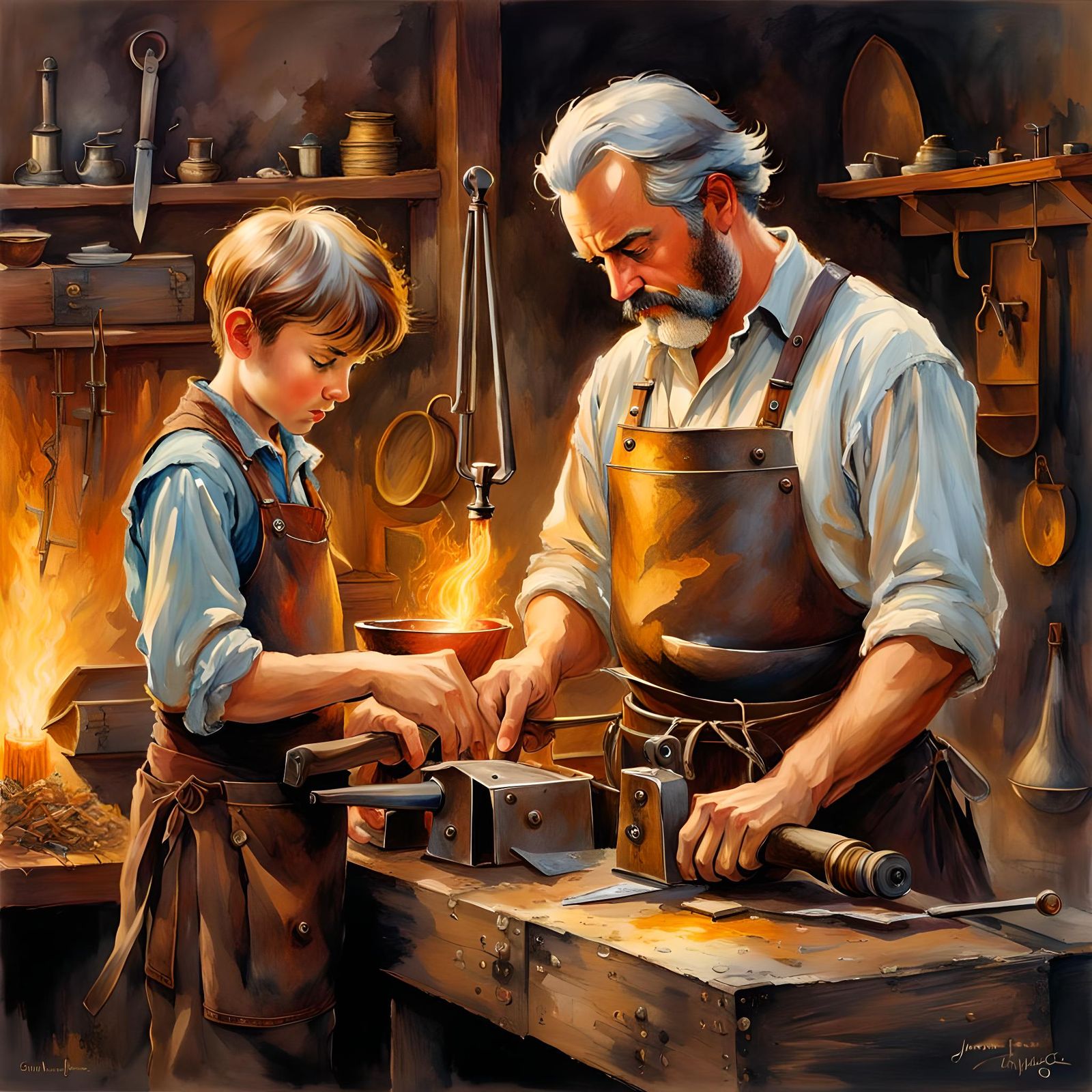 Master blacksmith and his young boy apprentice  by @Happy Jack