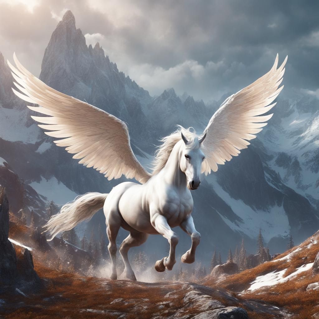 Pegasus the winged horse white as snow flying over the mount...