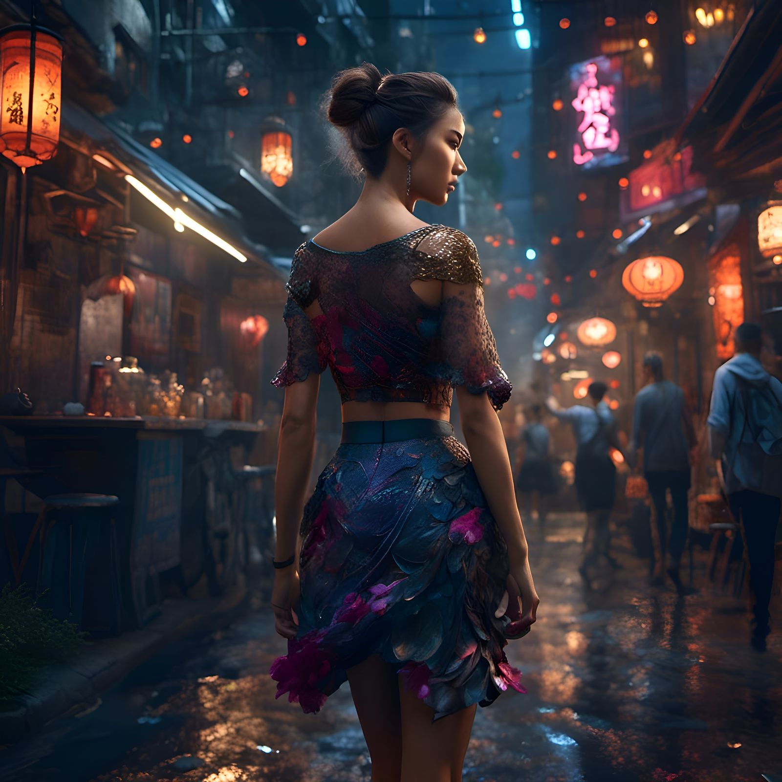 Woman in Hongkong street at night.