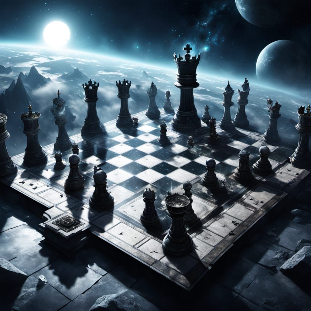 "A massive chessboard suspended in the void of space, each square glowing faintly like molten obsidian and silver. The chess pieces are aliv...