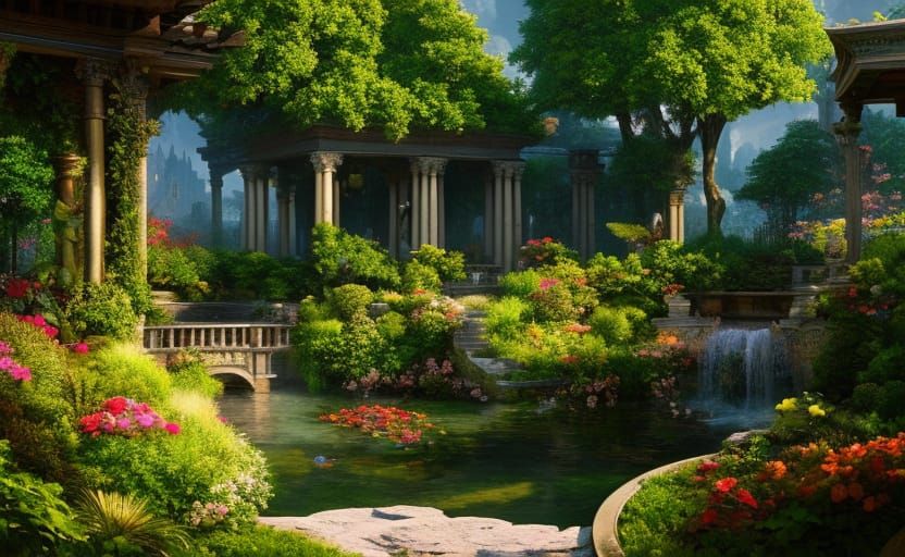 Renaissance garden with pond  by @Piktor