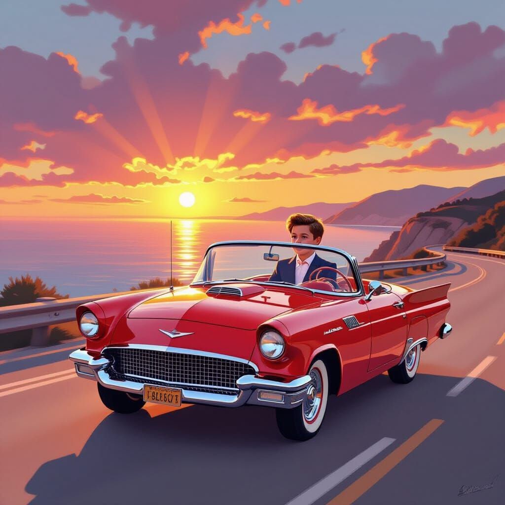 Boy in Suit Drives Vintage Car at Sunset