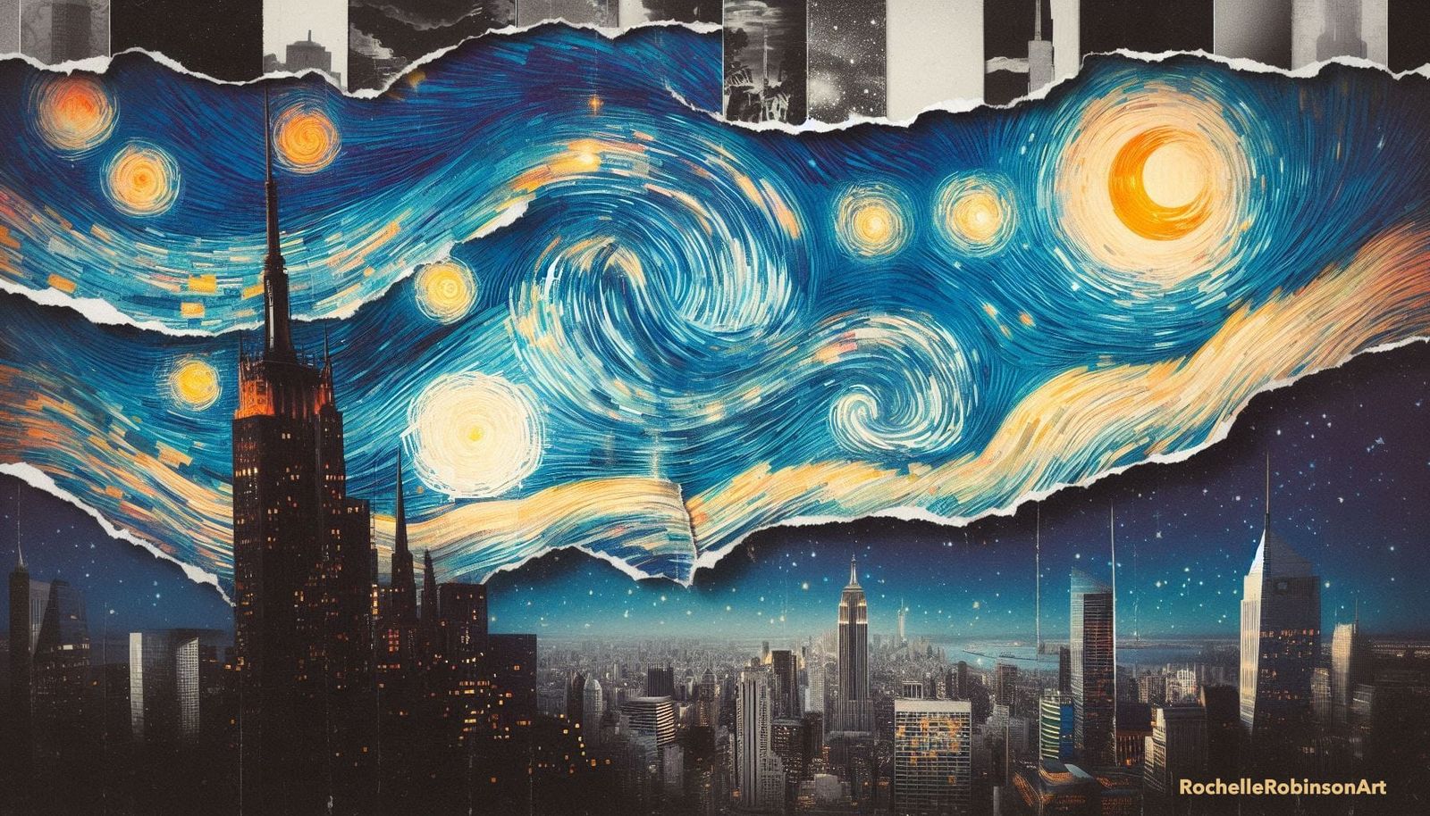 Starry Night In The City - Strip Collage Art