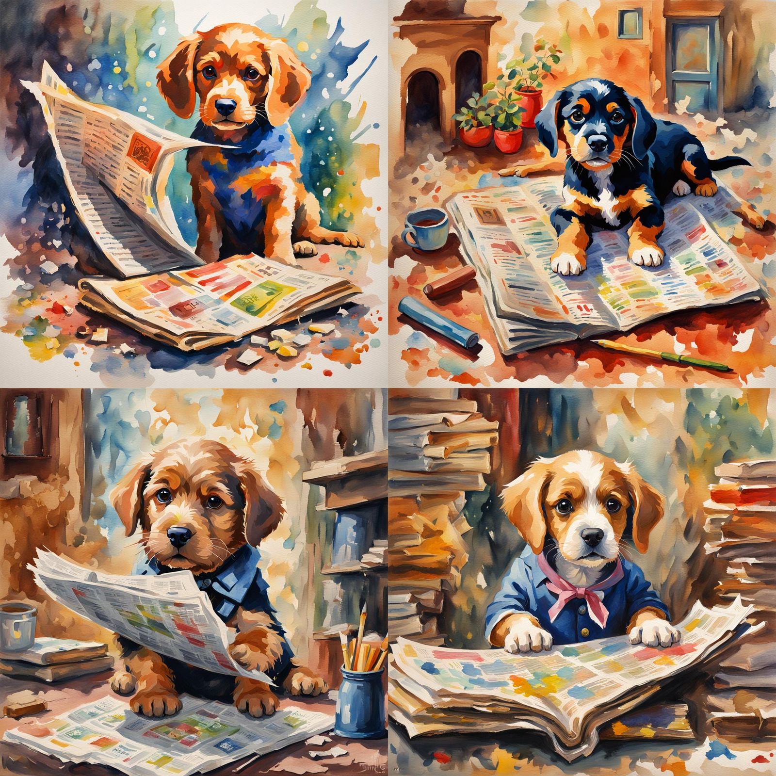 Puppy's and magic newspaper in Gouache Style, Watercolor, Museum Epic