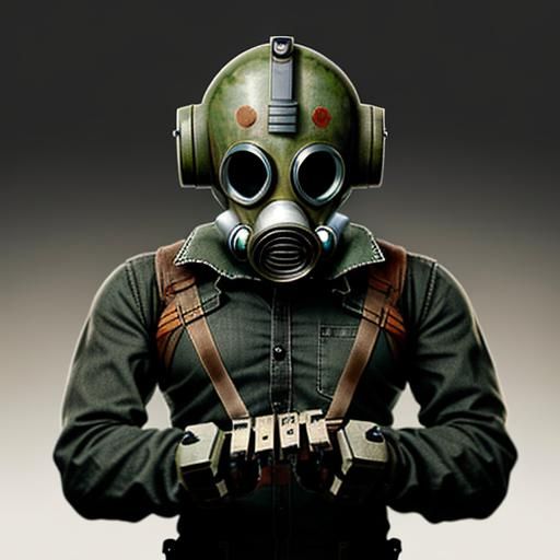 A robot with a gas mask attached to its head, looking horrif...