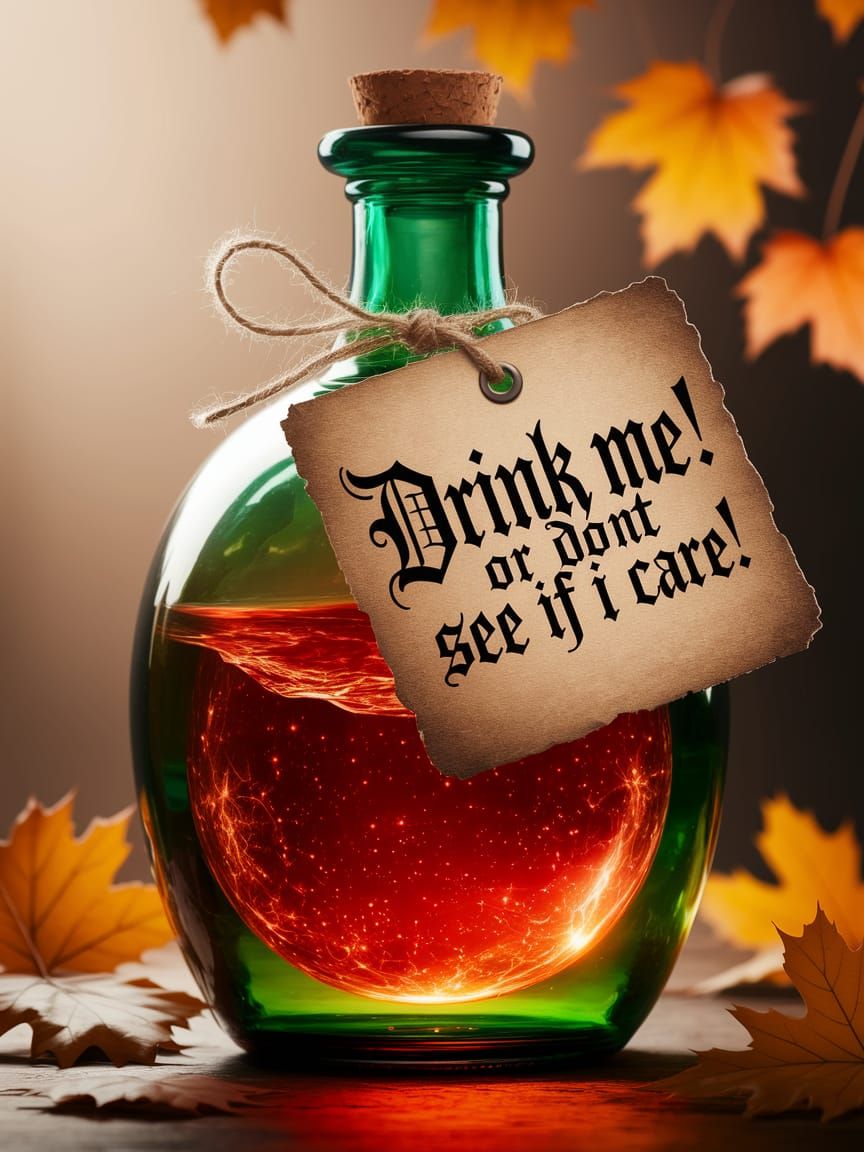 A large green bottle filled  with a red liquid  with a label tied to it. On the  label in Copperplate ...  by @Jim