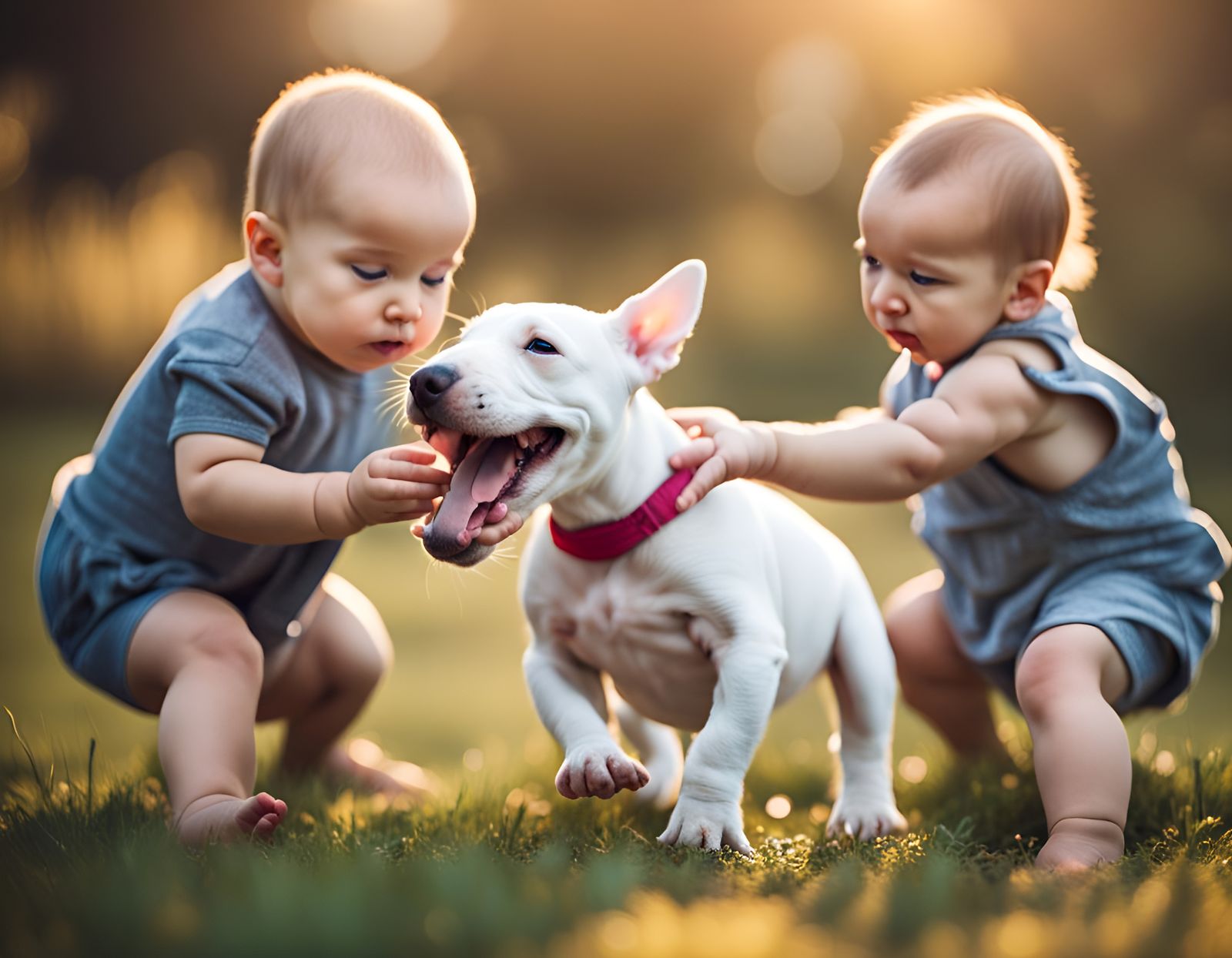 Babies playing with Bull Terrier 