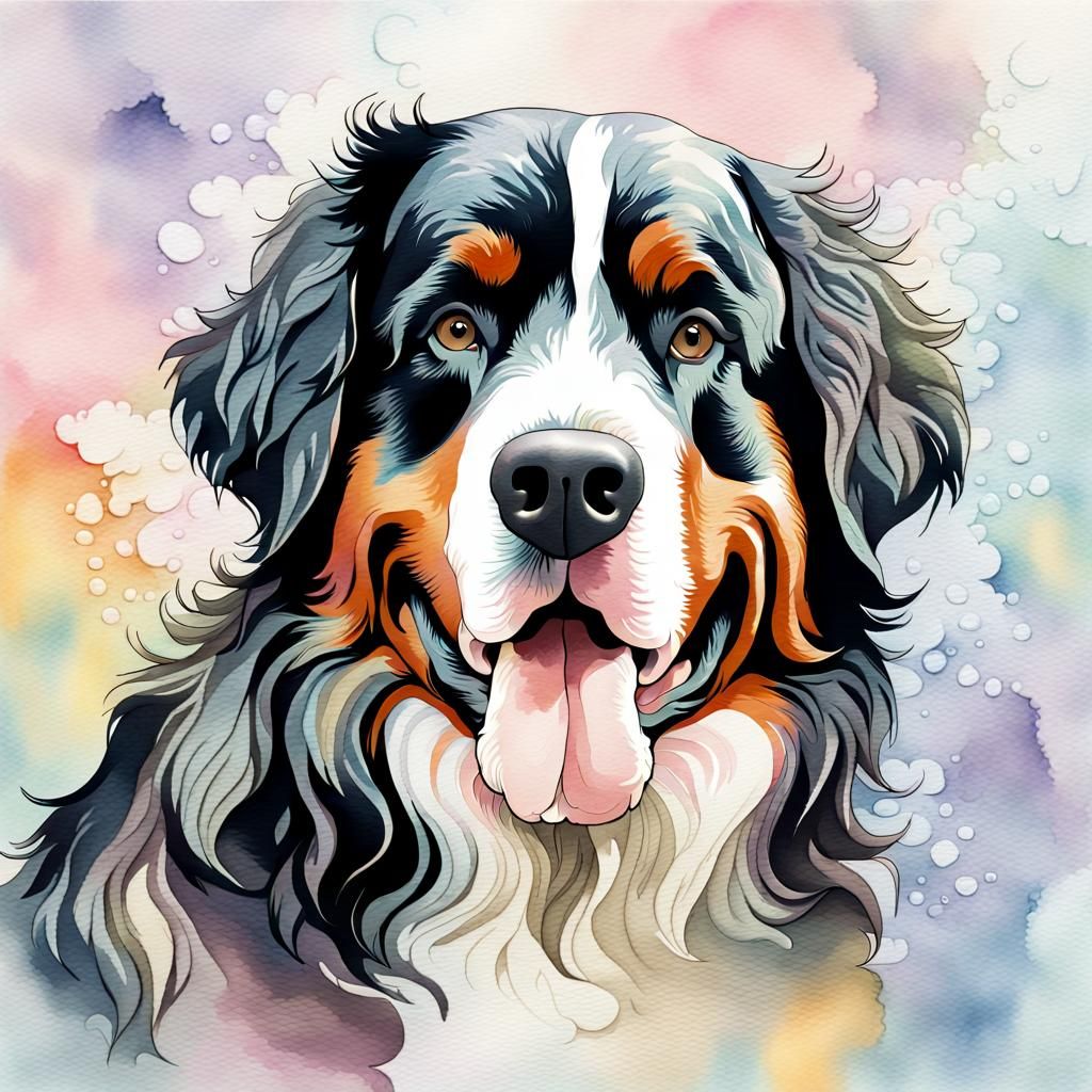 A water marbled Bernese Mountain Dog with soft pastel colors...