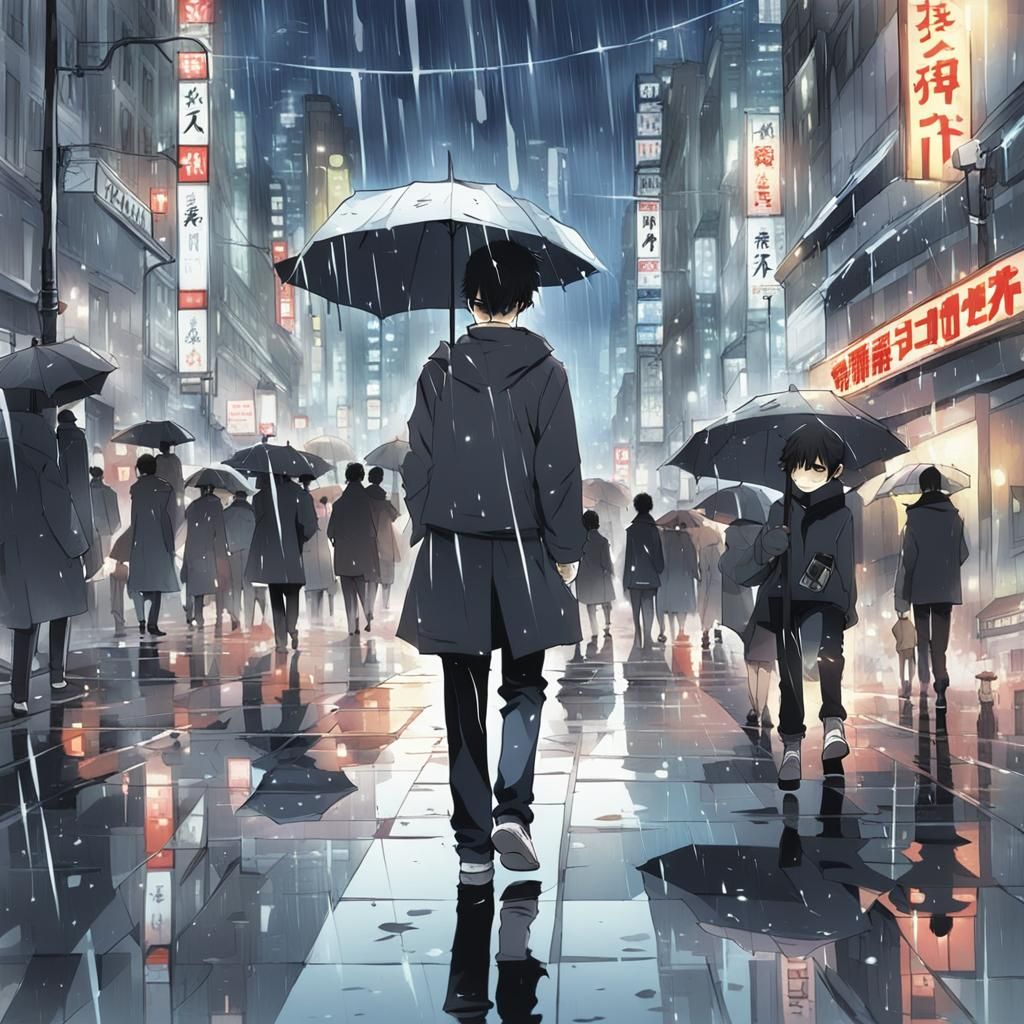boy walking in a crowded city while it's raining