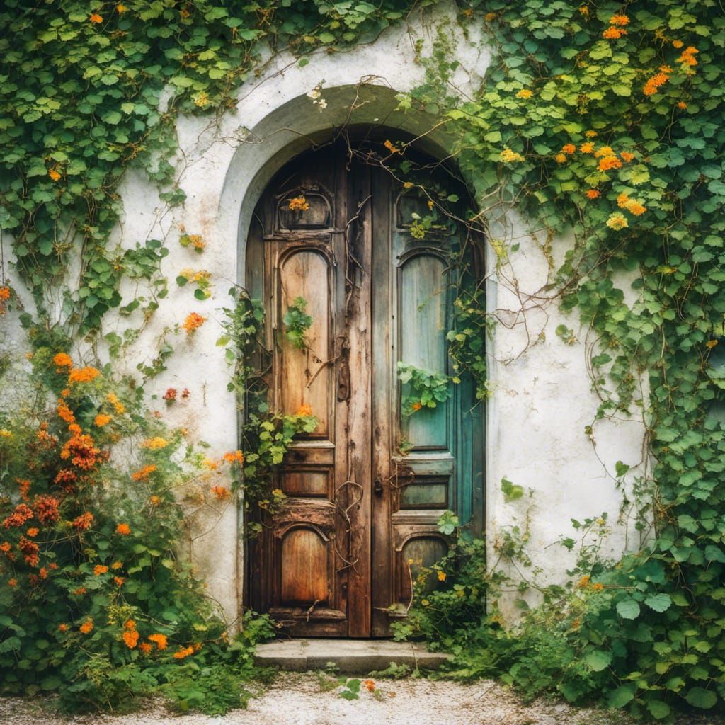 <lora:MJ6 Watercolor DE:1.0> double exposure of Rustic door and wild vines on a white background, stock vector illustration, modern surreal...