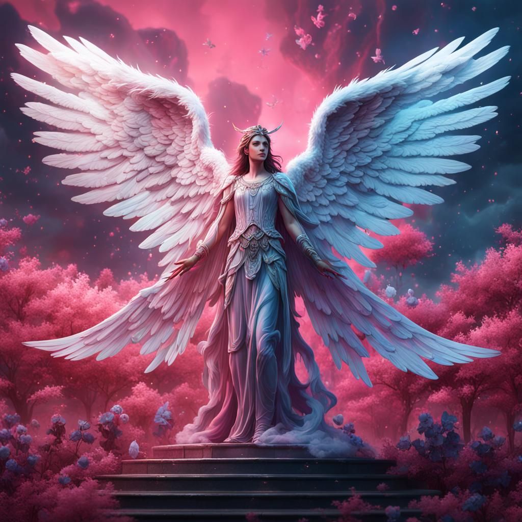 Beautiful pink angel with big wings and blue angel and white...