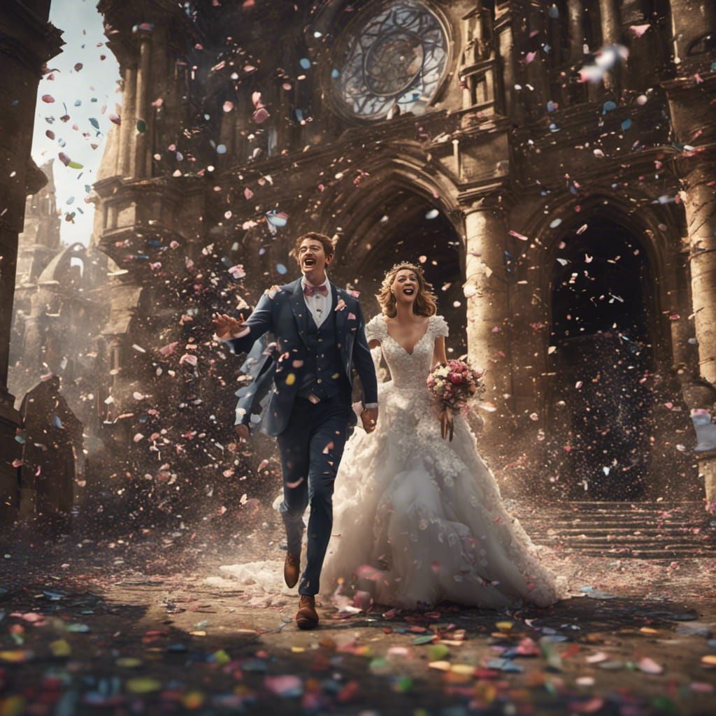 Bride and groom running out