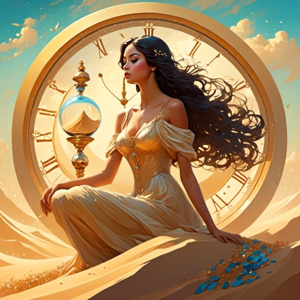 gorgeous girl sitting bored on top of (stylized hourglass with sand flowing upward) <lora:Dreamy Surreal:1.0> 