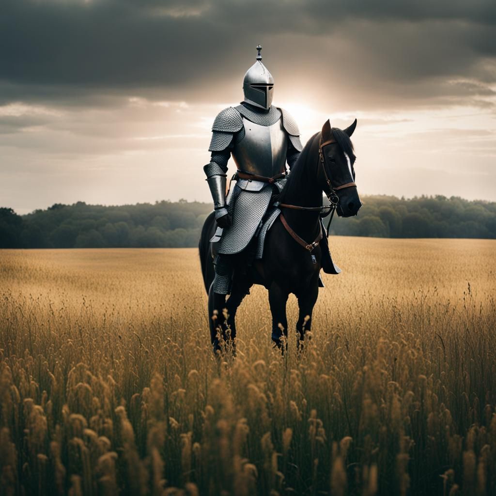 A knight standing alone in a field