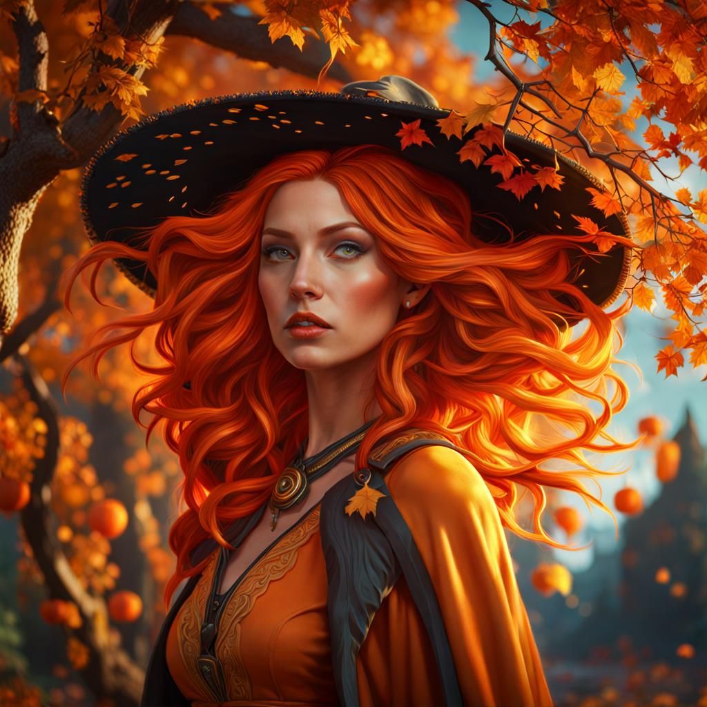 Orange hair witch next autumn tree,   maximalist detailed  orange, volumetric lighting dynamic lighting, ...  by @Babydragongirl