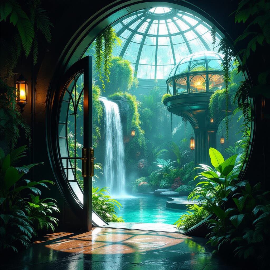 imagine a futuristic botanical garden, hidden behind a secret door in a smoky, dimly lit speakeasy. The ...  by @Terryke