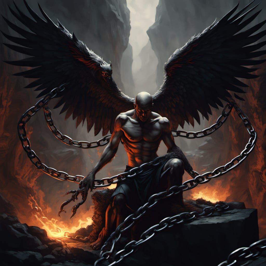 In a dark shadowy landscape, a black fallen angel is chained to a dark rock. The chains are all around its body. Feathers are burning and fa...