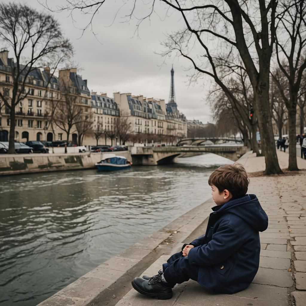 little boy wearing a navy duffle coat sitting beside the riv...