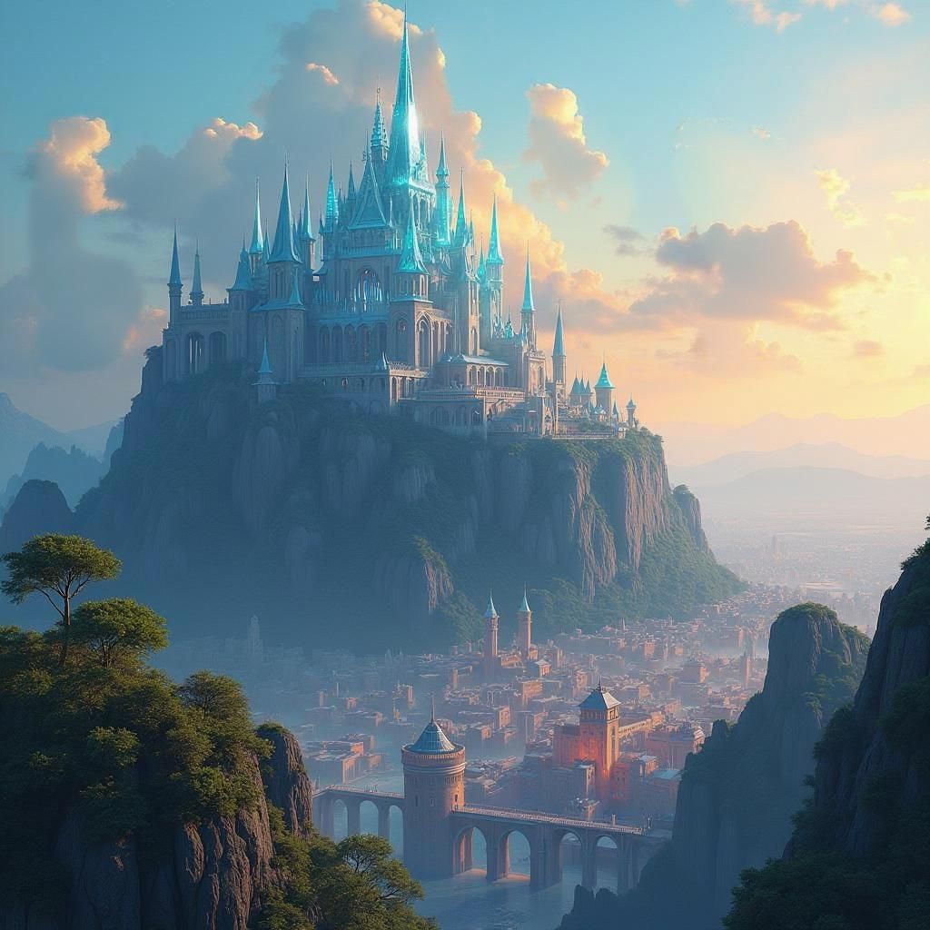 In the distance there is a castle made of glass on an elevated hill and below it is the city