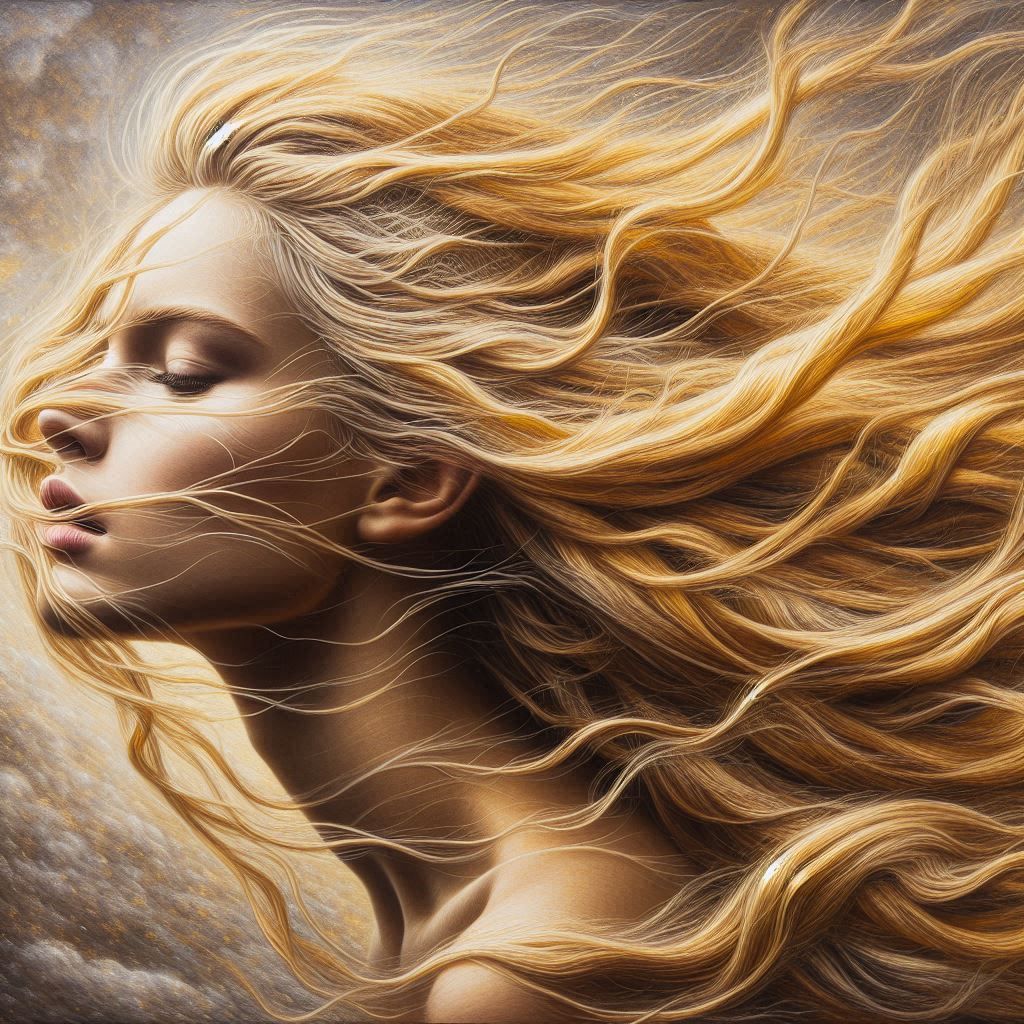 A blond woman with long hair blowing in the wind