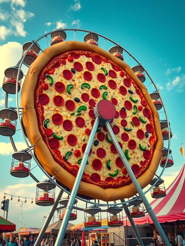 A far shot of a huge Ferris wheel with a giant pizza as the main wheel, where the pizza is complete with ...  by @Brrrneow