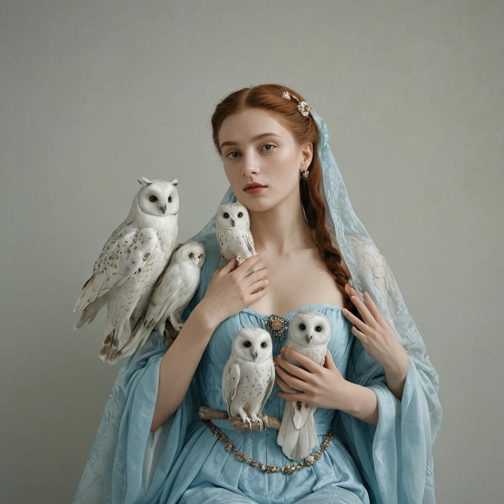 images of woman with her owls, in the style of ethereal beauty, porcelain, dark white and light azure, clifford coffin, northern renaissance...