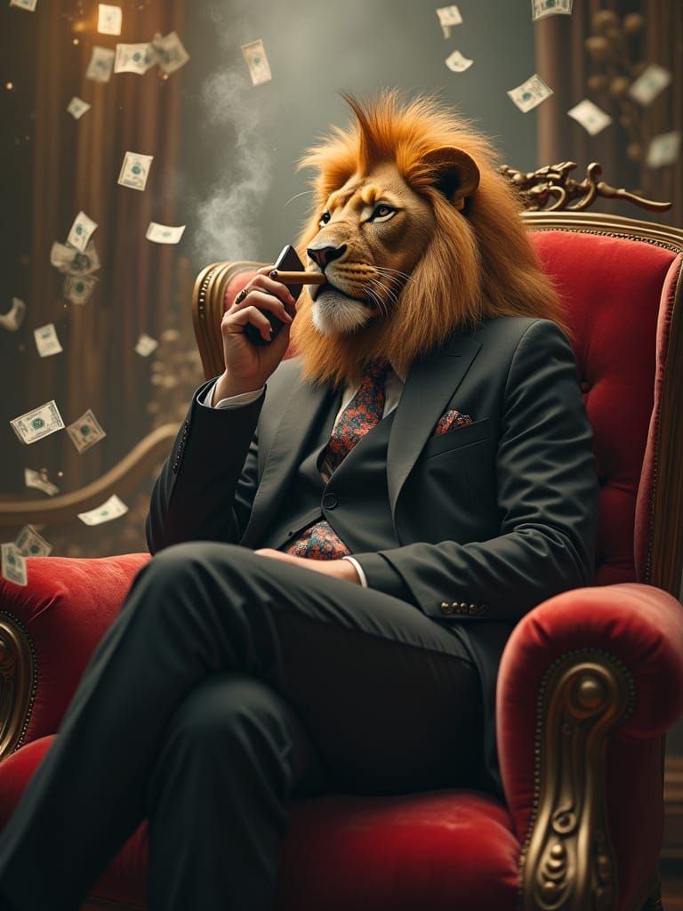Regal Lion in Modern Luxury, Surrounded by Fortune