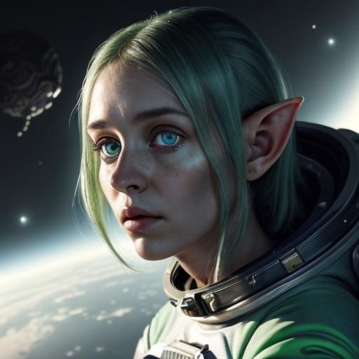 Female elf in the spacesuit in the space with an alien planet in the ...