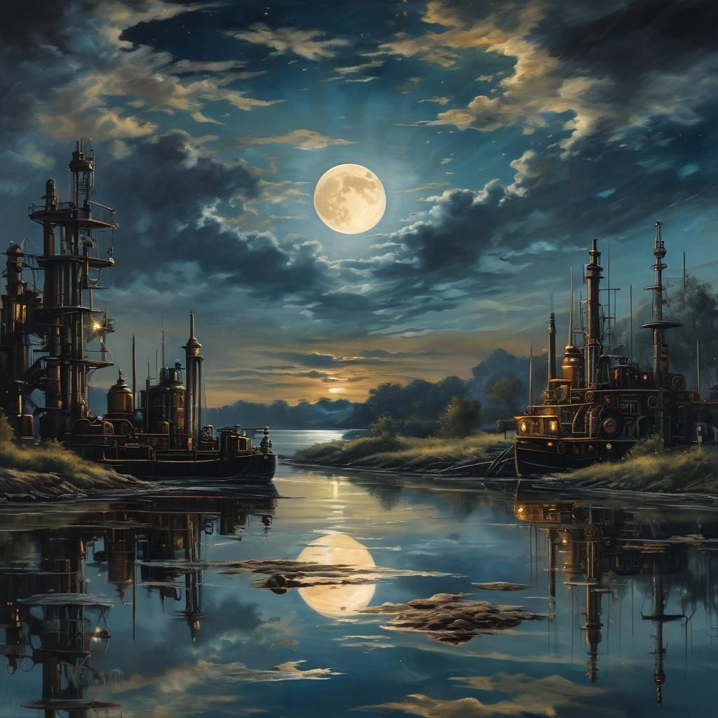 Moonlit Steampunk Engine: Romantic Oil Painting