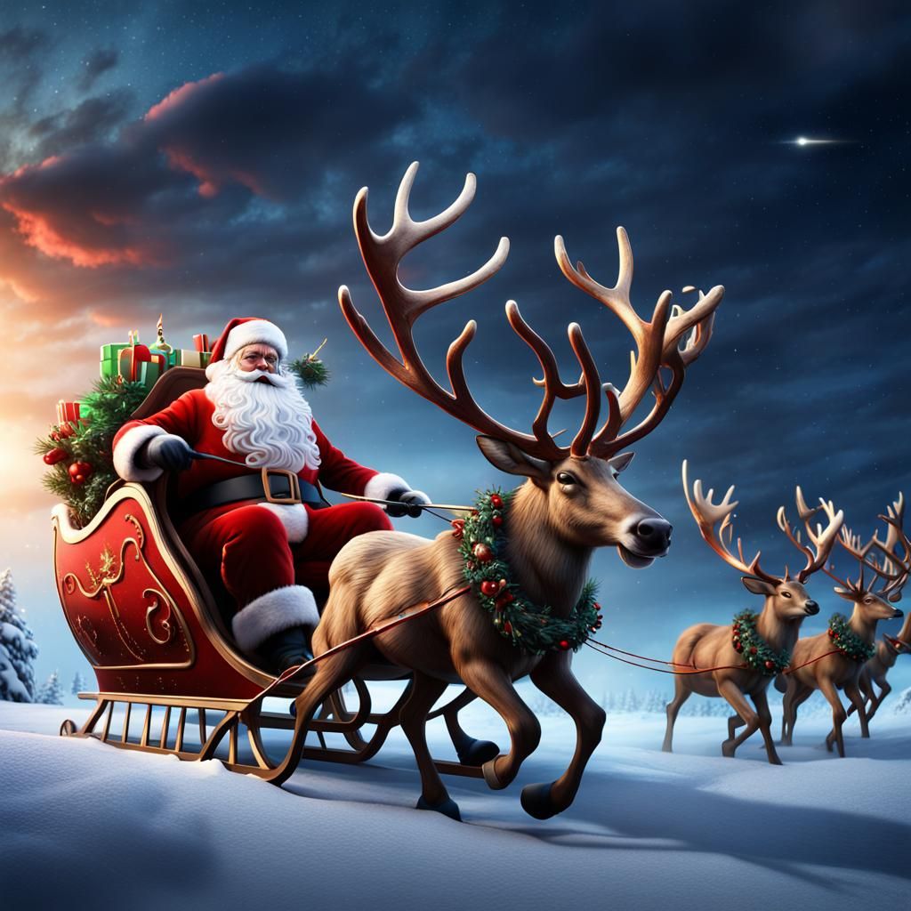 Santa and his sleigh being pulled by eight, detailed reindeer with the ...