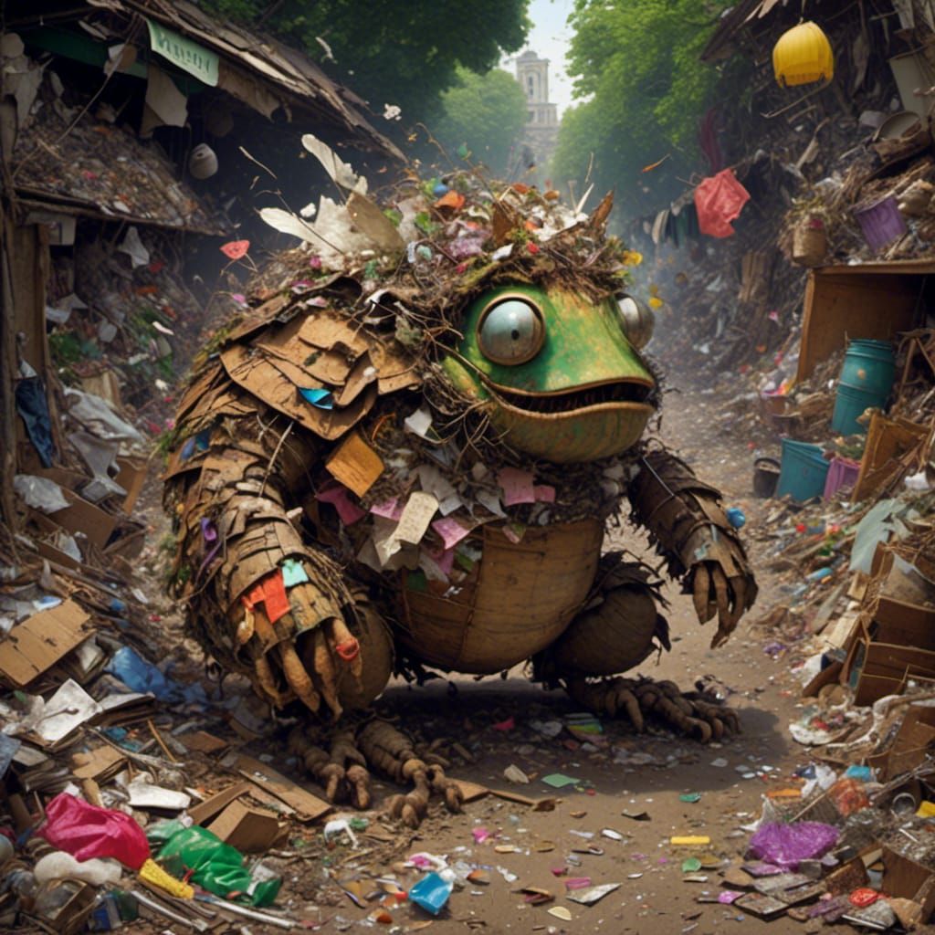 <lora:BBOX Litter Critter:1.0> focus on a creature made entirely of litter.

style of tim burton

goofy eyes

hulking shapes, these twisted...