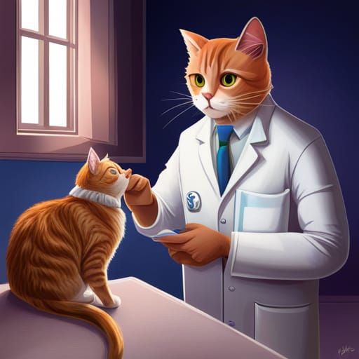 A cat as a doctor wearing white lab coat giving check up to young