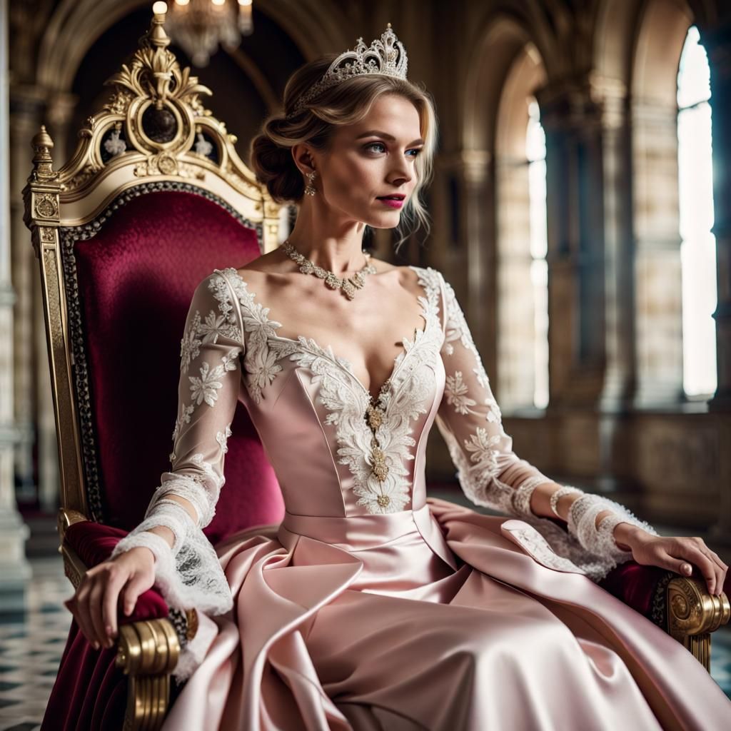 Close view of a Stunning queen in satin and lace dress sitti...