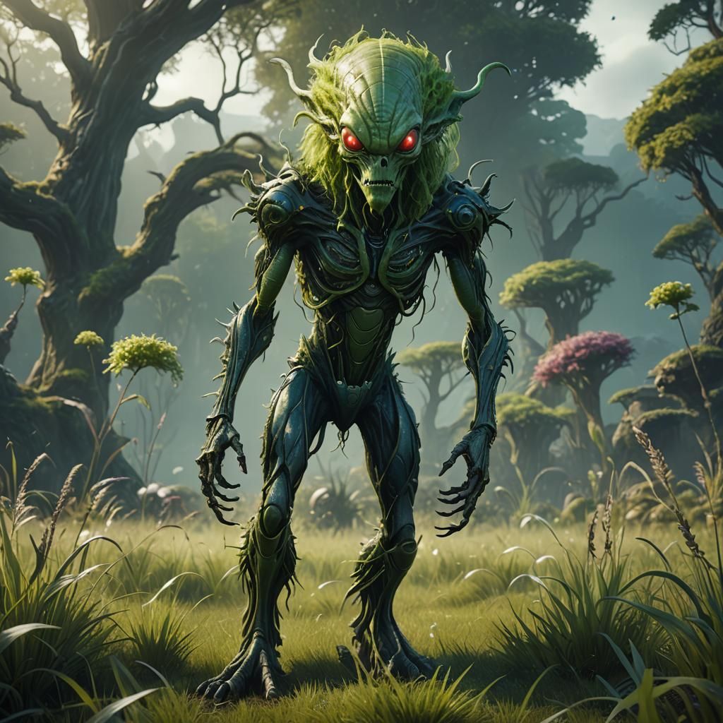 An alien creature standing on two legs with green grass hair.