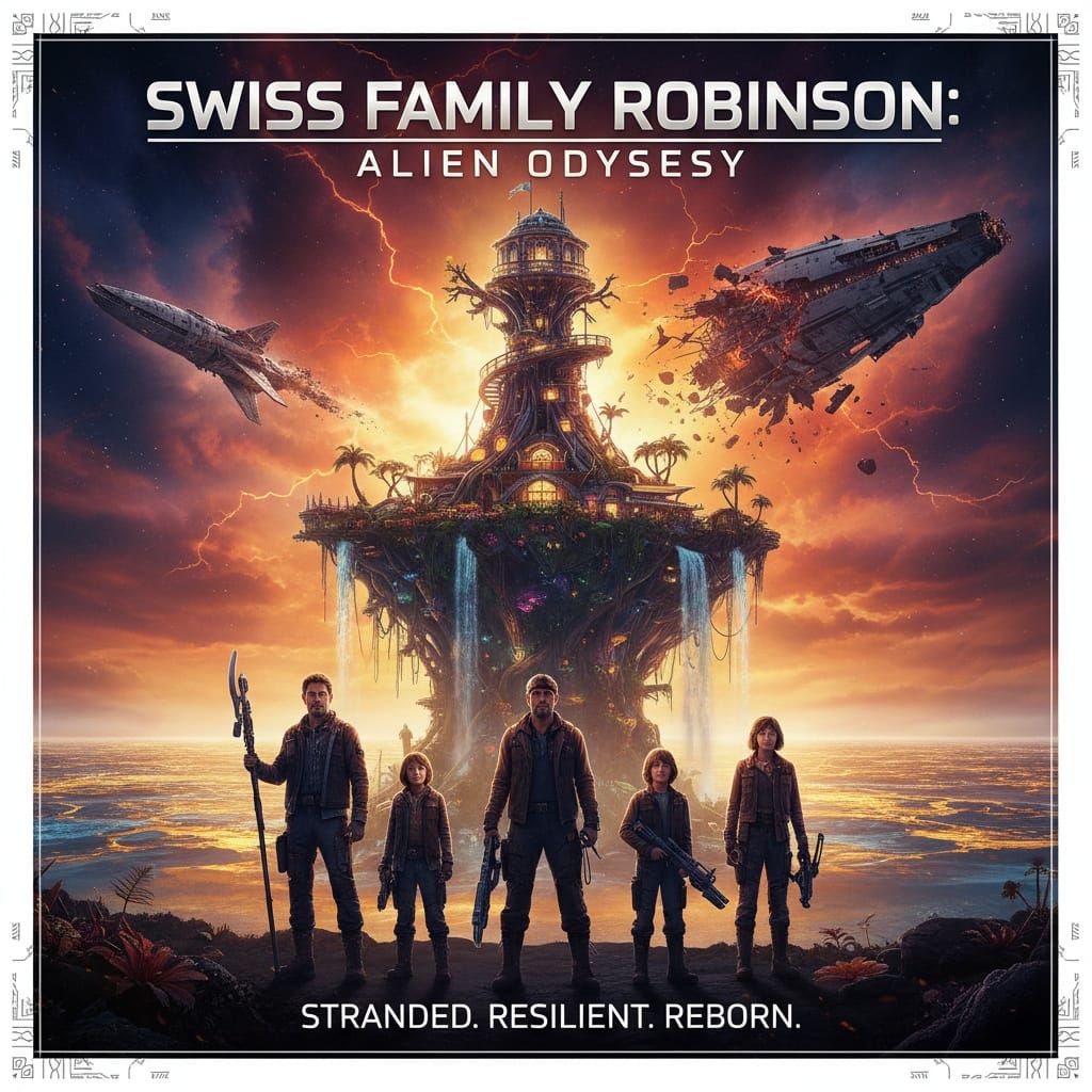 Epic sci-fi reboot poster for Swiss Family Robinson. A vast alien jungle island rises from an endless ...  by @Phronc