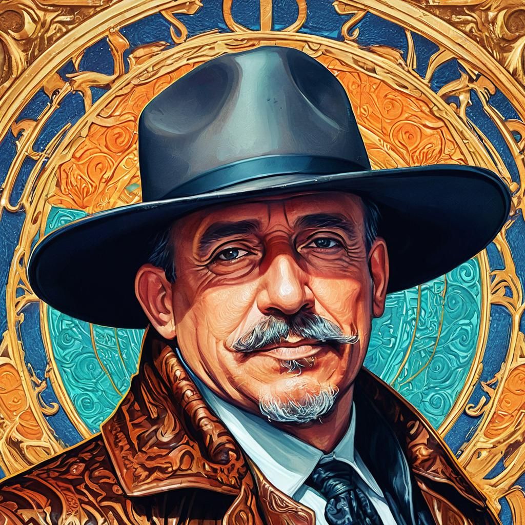 Detailed Cowboy Portrait in Ornate Splash Art Style