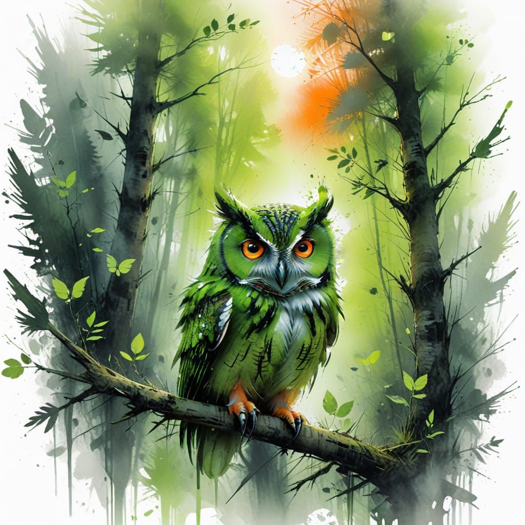 Neon Green Owl in Misty Forest: Watercolour Art