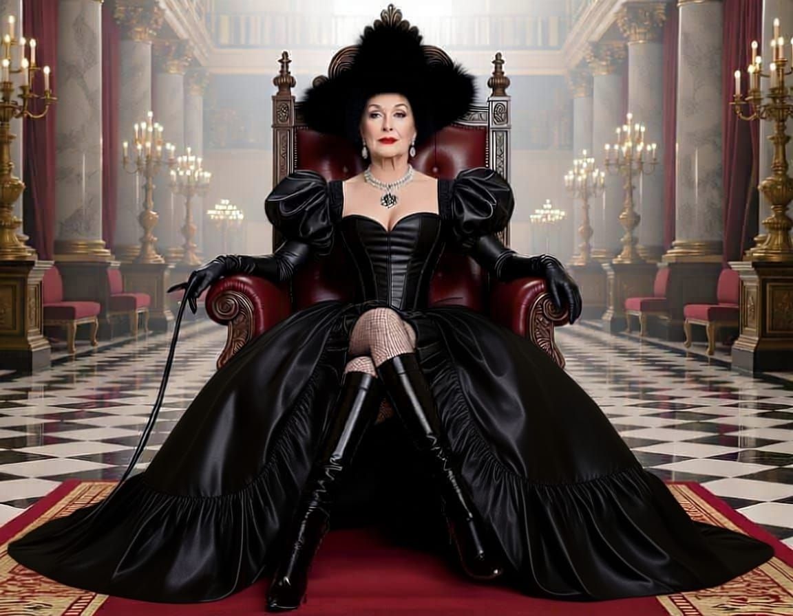 A full height image of a 70-year-old empress, regal and beautiful, with dark hair and striking red pouty lips, embodies Queen Victoria. Inst...