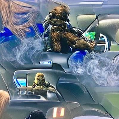 Chewbacca smoking a bong while riding in a vehicle from Halo...